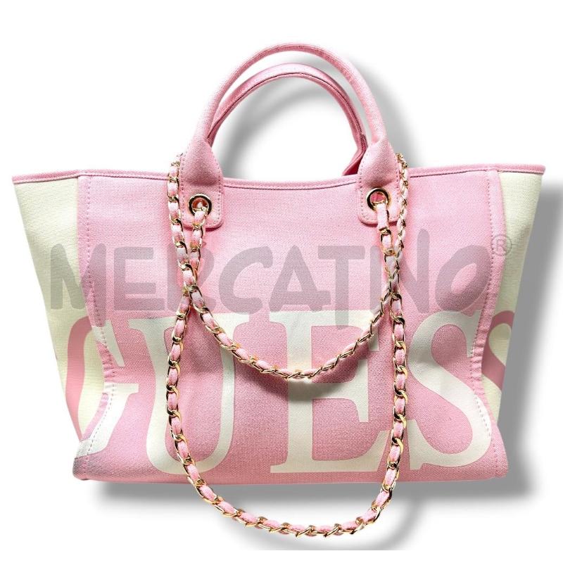 BORSA DONNA GUESS ROSA CREMA TESSUTO MANICI CATENA DORATA | Mercatino dell'Usato Rivoli 1