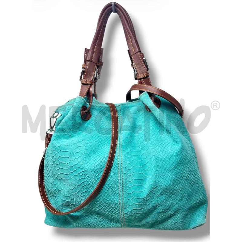 BORSA DONNA VERDE ACQUA PELLE SCAMOSCIATA STAMPA RETTILE  | Mercatino dell'Usato Rivoli 2