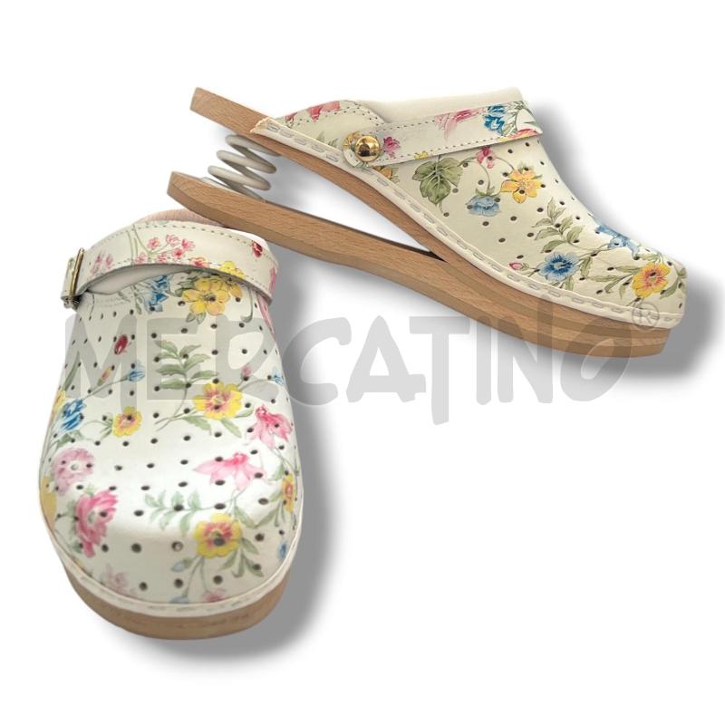CIABATTE DONNA BALDO BIANCHE FIORI LEGNO TACCO MOLLA | Mercatino dell'Usato Rivoli 2