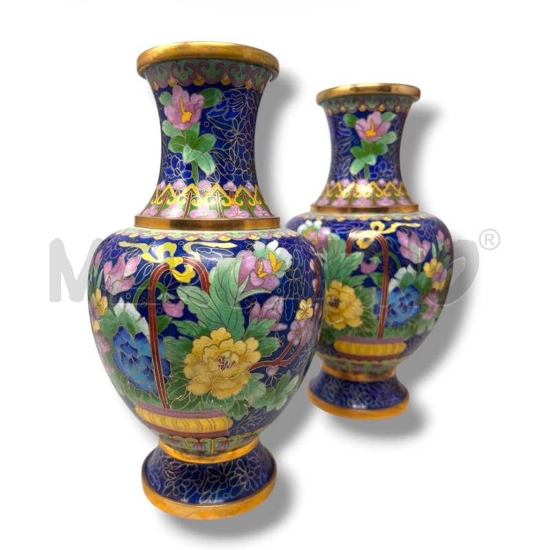 COPPIA VASI CHINA CLOISSONNE MOTIVI FLOREALI FONDO BLU H26 CM   | Mercatino dell'Usato Rivoli 3