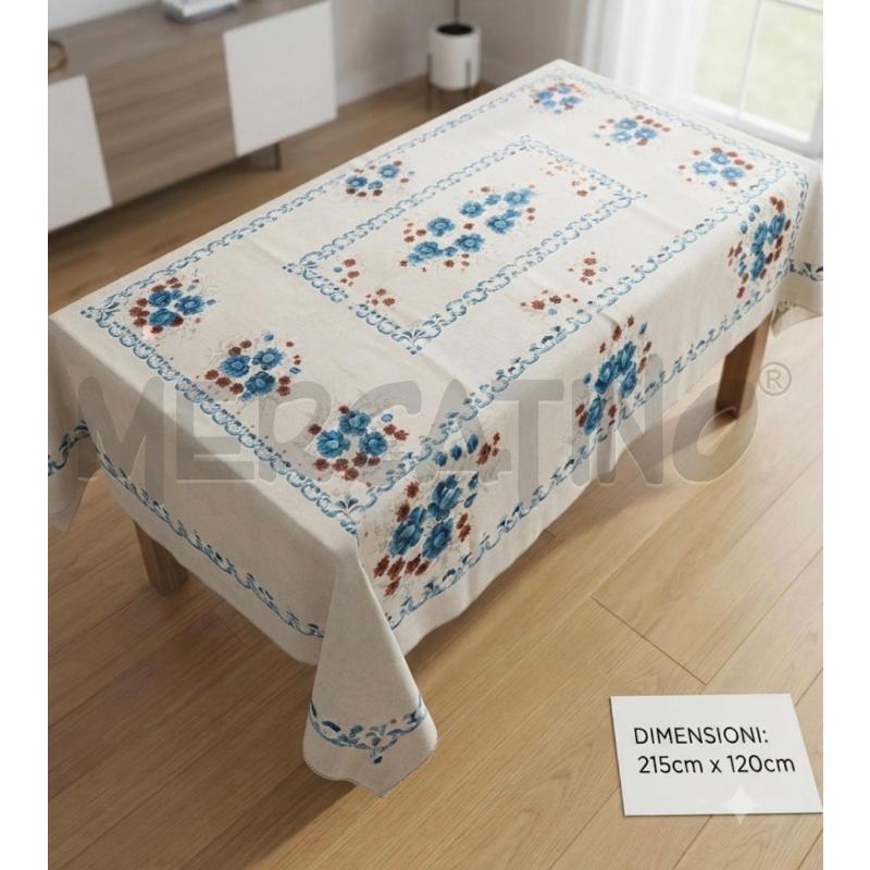 COPRI TAVOLO 215X120 FIORI BLU ROSSI COTONE GREZZO | Mercatino dell'Usato Rivoli 1