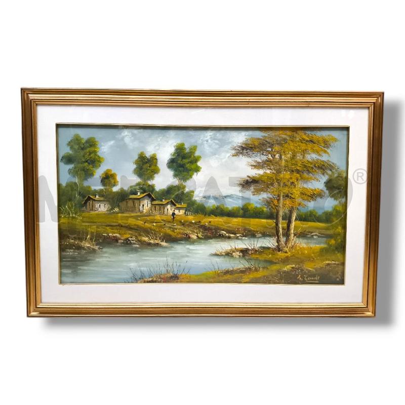 QUADRO OLIO SU TELA CASCINA SU FIUME 97X63 CORNICE DORATA | Mercatino dell'Usato Rivoli 1