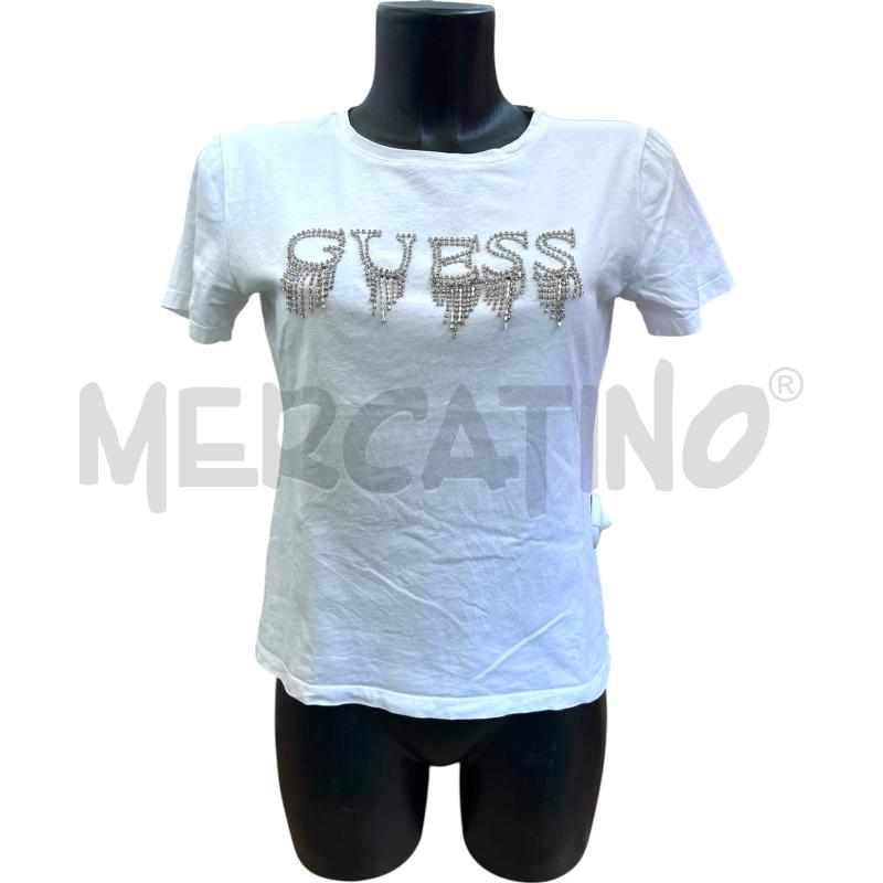 T SHIRT DONNA GUESS BIANCA LOGO STRASS PENDENTI  | Mercatino dell'Usato Rivoli 1