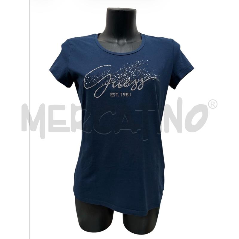 T SHIRT DONNA GUESS BLU LOGO STRASS  | Mercatino dell'Usato Rivoli 1