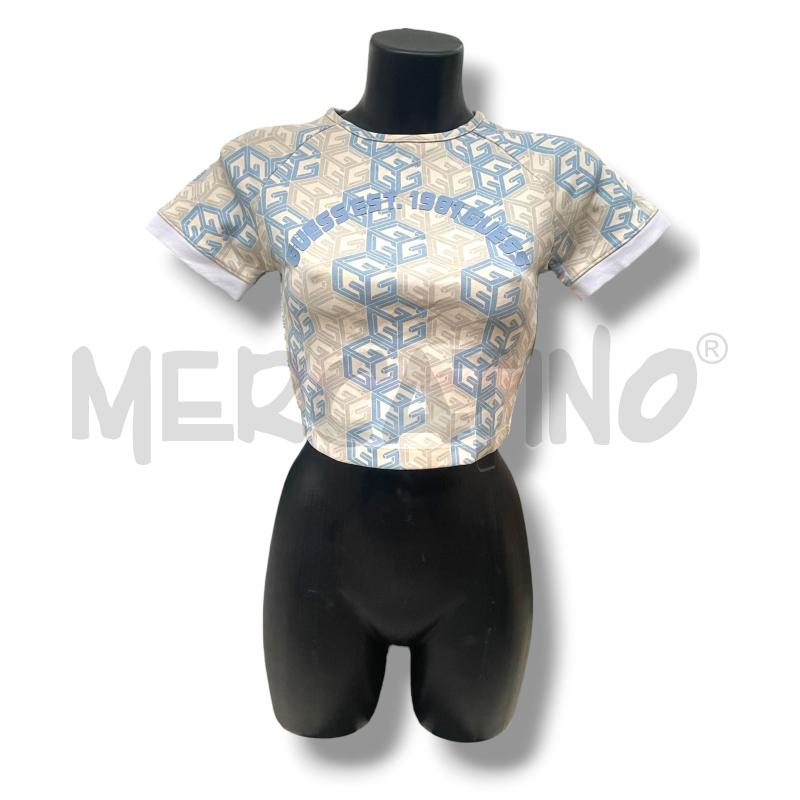 T SHIRT DONNA GUESS CREMA AZZURRA MULTILOGO CROPP | Mercatino dell'Usato Rivoli 1