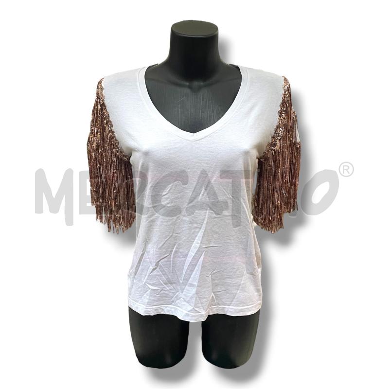 T SHIRT DONNA MIKYRI BIANCA MANICHE FRANGE PAILLETTES BRONZO | Mercatino dell'Usato Rivoli 1