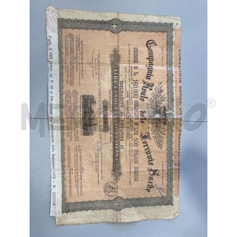ANTICO DOCUMENTO OBBLIGAZIONE 500 LIRE 1879 REALE FERROVIE SARDE | Mercatino dell'Usato Rivarolo canavese 1
