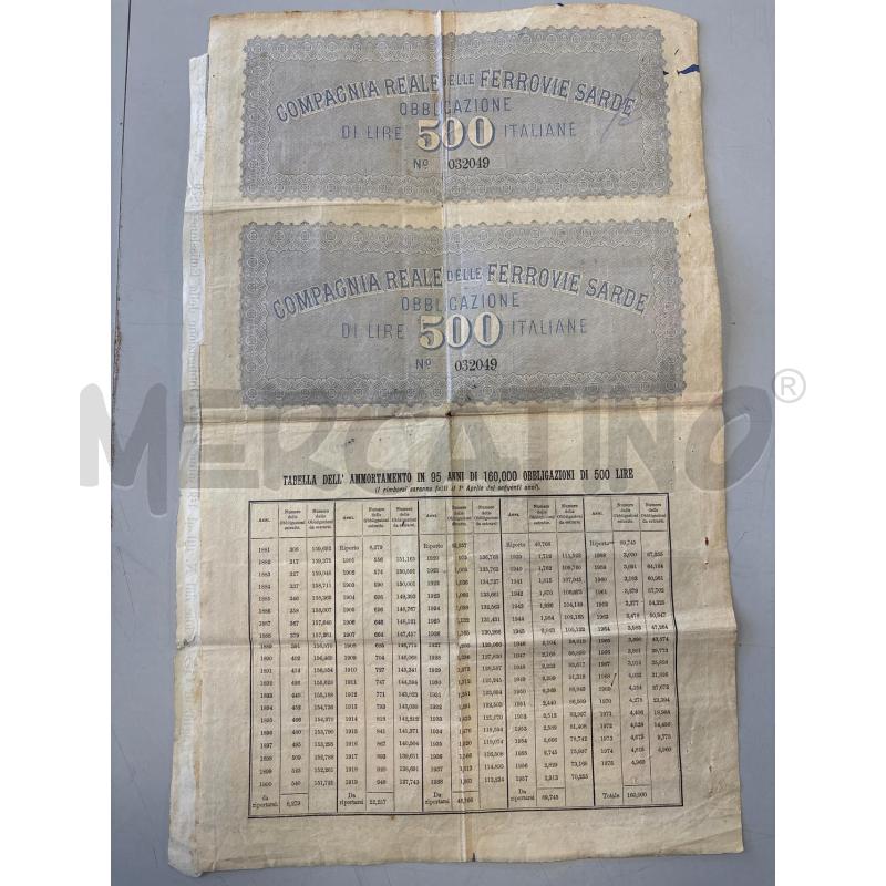 ANTICO DOCUMENTO OBBLIGAZIONE 500 LIRE 1879 REALE FERROVIE SARDE | Mercatino dell'Usato Rivarolo canavese 2