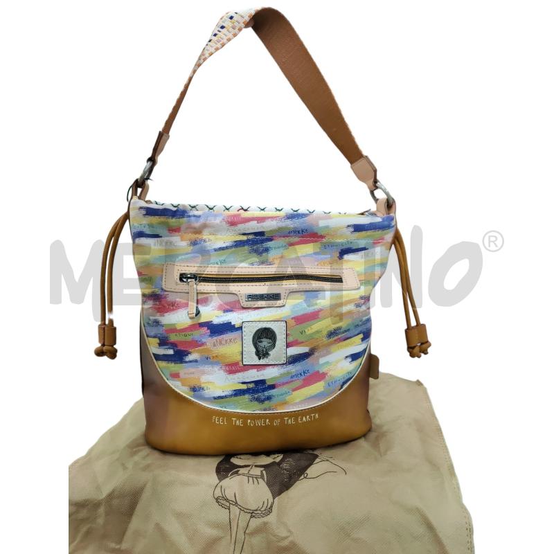 BORSA DONNA ANEKKE MARRONE CON TRAMA MULTICOLOR ECOPELLE A SPALLA CON DUST | Mercatino dell'Usato Leini' 1