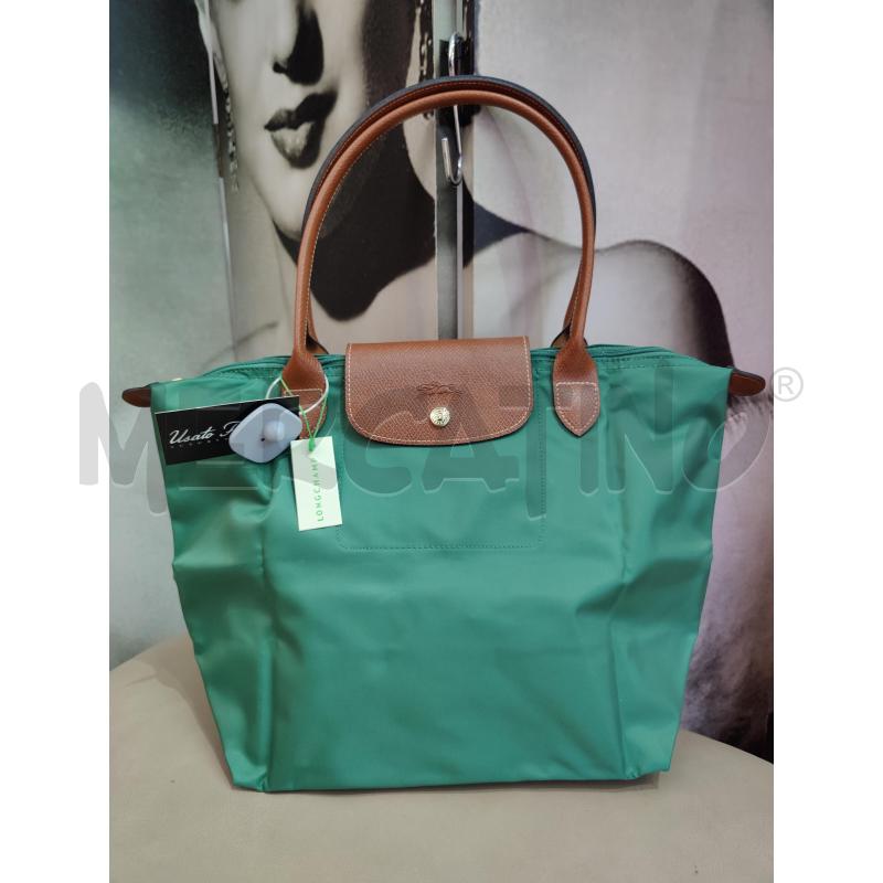 LONGCHAMP LE PLIAGE IN NYLON VERDE CON PATTA E MANICI IN PELLE MARRONE  | Mercatino dell'Usato Leini' 2