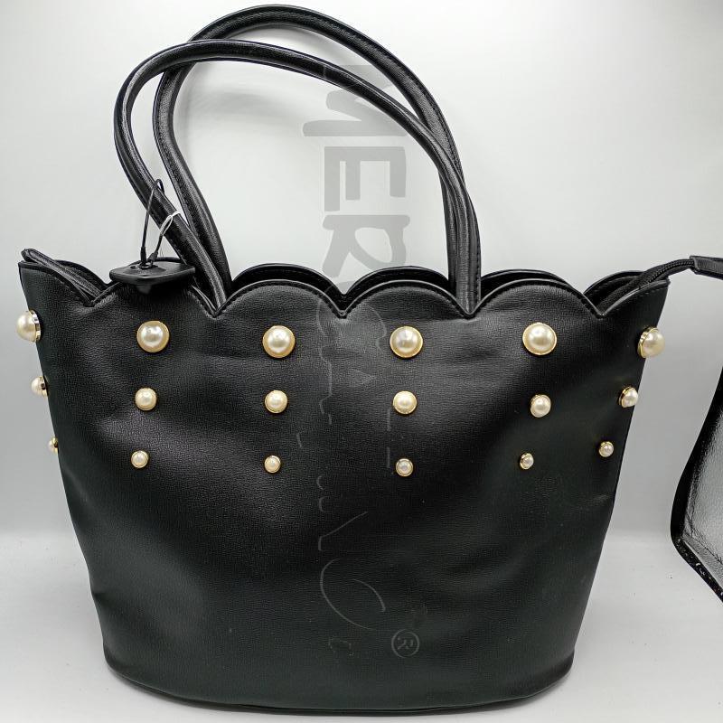 BORSA CAMOMILLA NERA ECOPELLE PERLINE BIANCHE RILIEVO | Mercatino dell'Usato Burolo 1