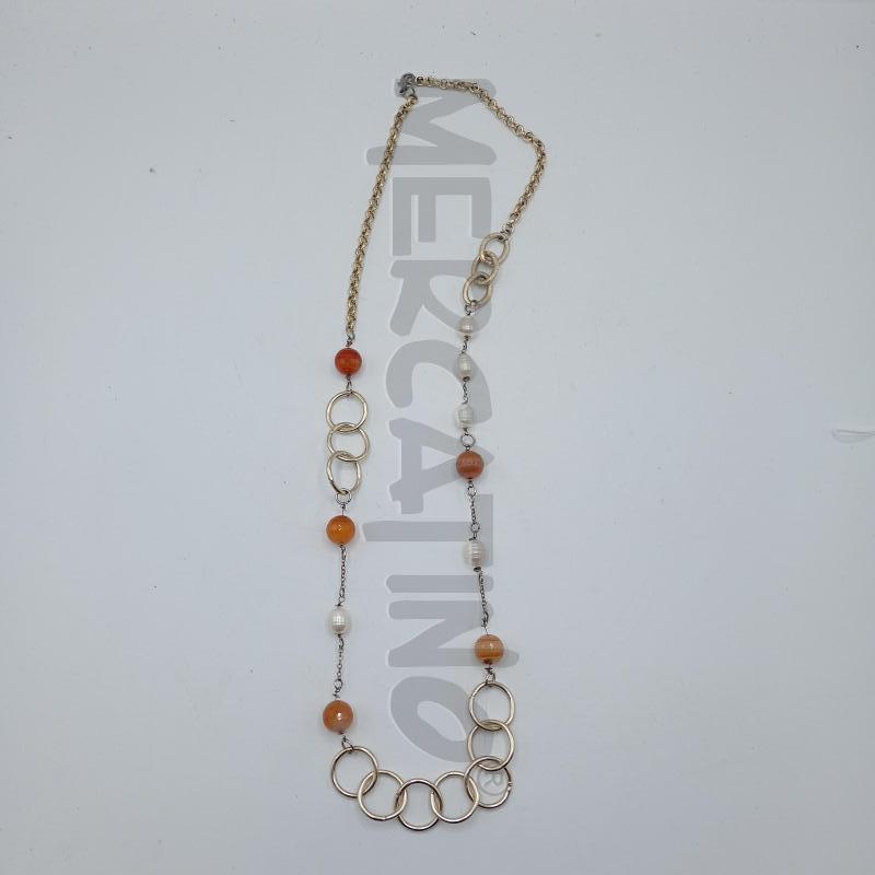 COLLANA AGATA A BANDE ACCIAIO ANELLI PERLE FIUME BIANCHE | Mercatino dell'Usato Burolo 1