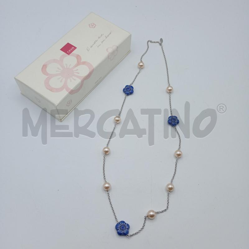 COLLANA THUN PERLINE ROSA FIORI BLU  | Mercatino dell'Usato Burolo 1