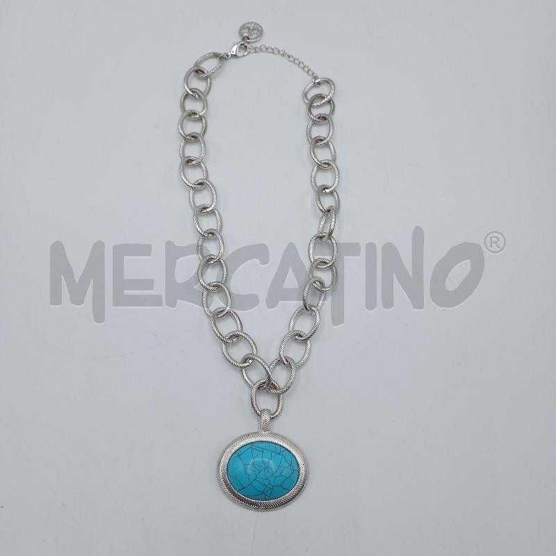 COLLANA TRIFARI CATENA ARGENTATA  MEDAGLIONE AZZURRO | Mercatino dell'Usato Burolo 1