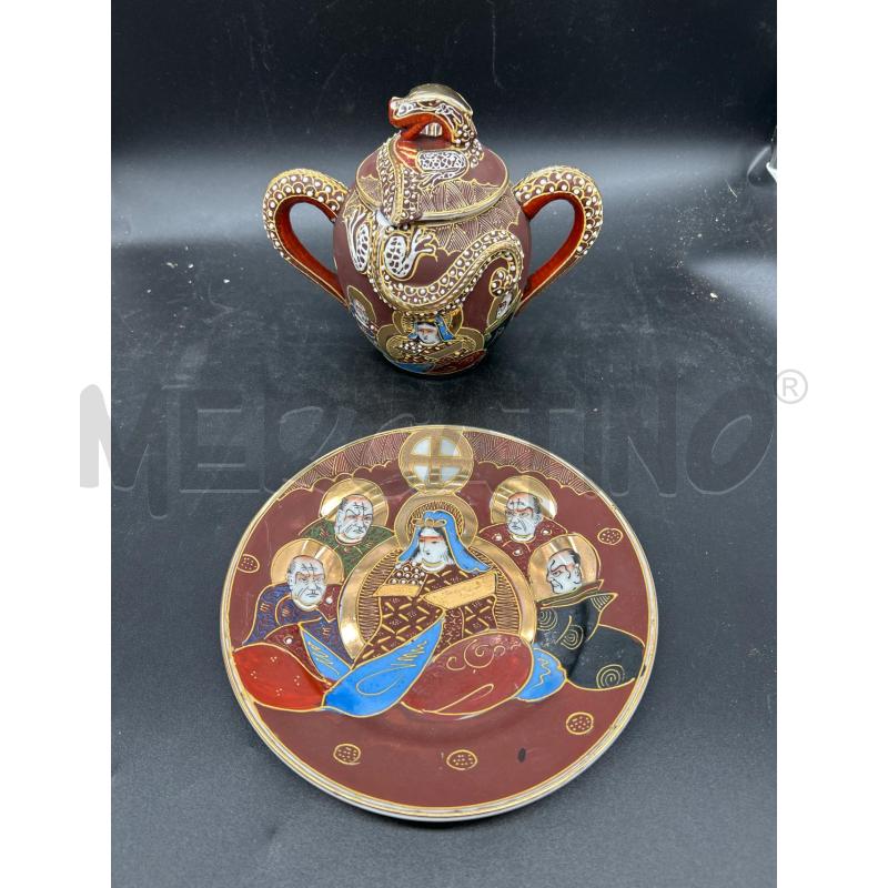 POTICHE VASO ORIENTALE CERAMICA MARRONE CON PIATTINO | Mercatino dell'Usato Burolo 1