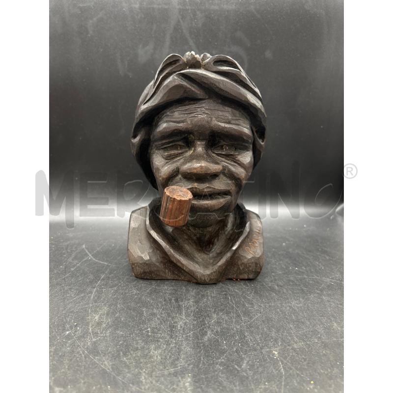 SCULTURA BUSTO DONNA CON PIPA LEGNO SCURO | Mercatino dell'Usato Burolo 1