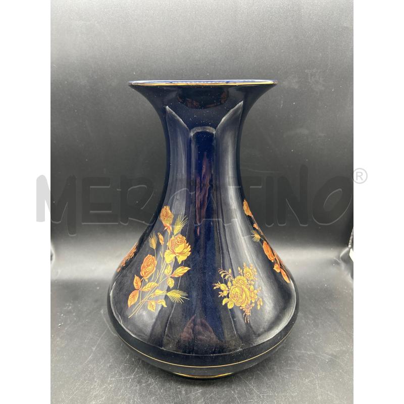VASO CERAMICA BLU CON FIORI DORATI H30CM | Mercatino dell'Usato Burolo 1