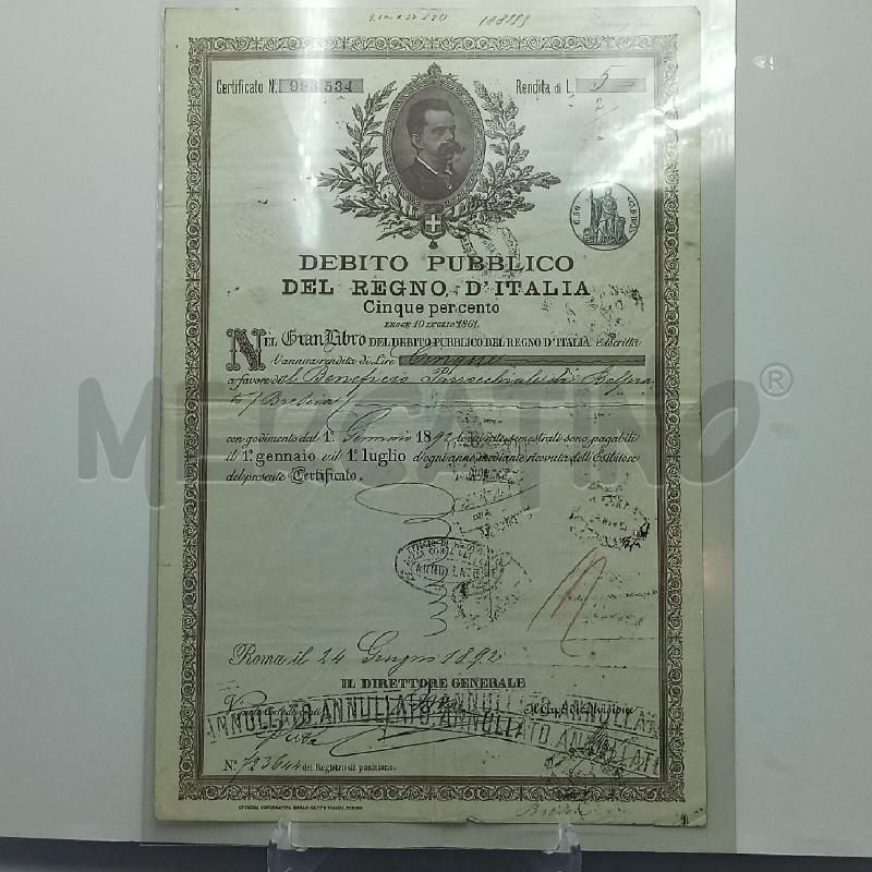 CERTIFICATO DEBITO PUBBLICO DEL REGNO D' ITALIA 1892 | Mercatino dell'Usato Torino tommaso grossi 1