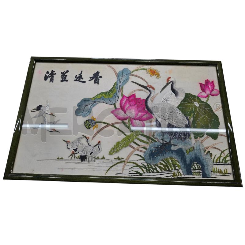 QUADRO ORIENTALE SU TESSUTO GRU CON FIORE DI LOTO | Mercatino dell'Usato Chieri 1