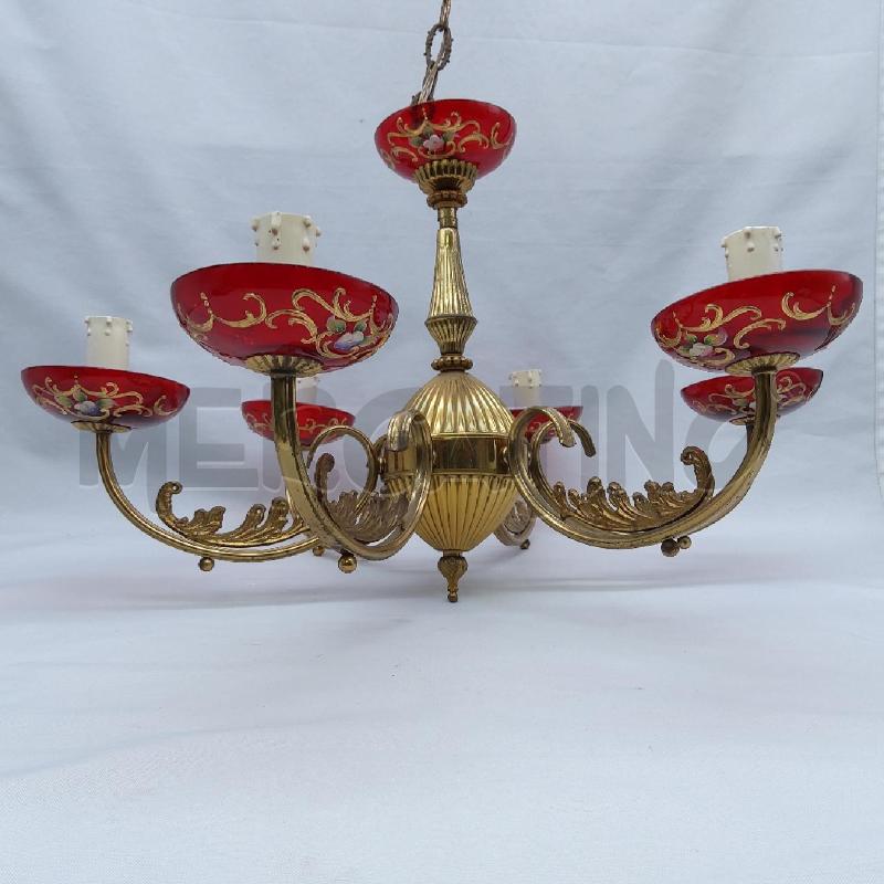 LAMPADARIO DORATO 6 LUCI COPPE VETRO ROSSO | Mercatino dell'Usato San maurizio canavese 2