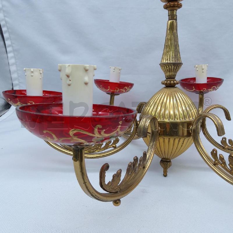 LAMPADARIO DORATO 6 LUCI COPPE VETRO ROSSO | Mercatino dell'Usato San maurizio canavese 3