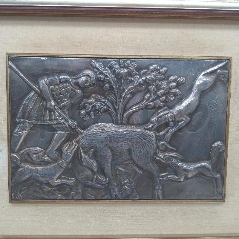 QUADRO LAMINA ARGENTO DI PAOLO CACCIA AL CINGHIALE | Mercatino dell'Usato San maurizio canavese 3