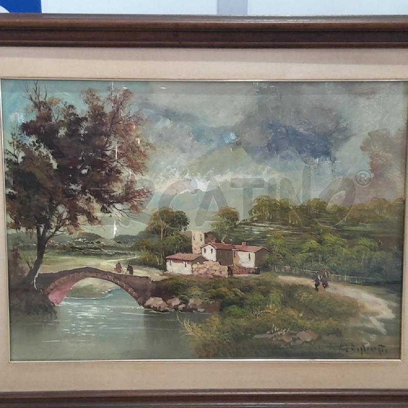 QUADRO OLIO SU TAVOLA 68X48 M.L. MIGLIORATI PAESAGGIO CON PONTE E CASE | Mercatino dell'Usato San maurizio canavese 2