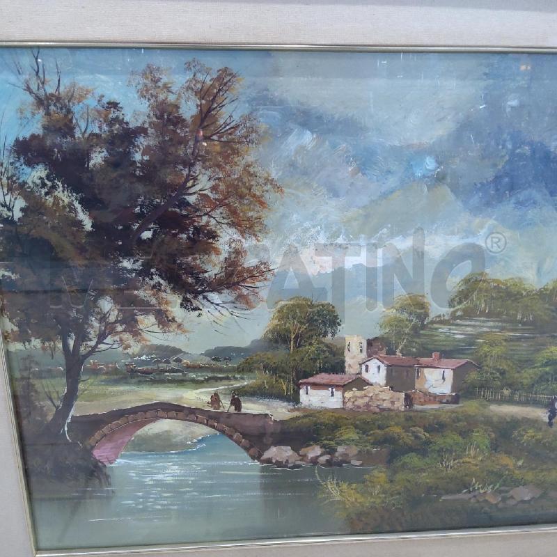 QUADRO OLIO SU TAVOLA 68X48 M.L. MIGLIORATI PAESAGGIO CON PONTE E CASE | Mercatino dell'Usato San maurizio canavese 4