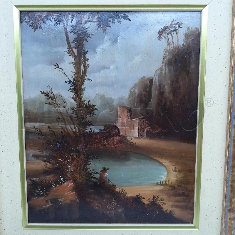 QUADRO OLIO SU TAVOLO CASOLARE E PESCATORE | Mercatino dell'Usato San maurizio canavese 2
