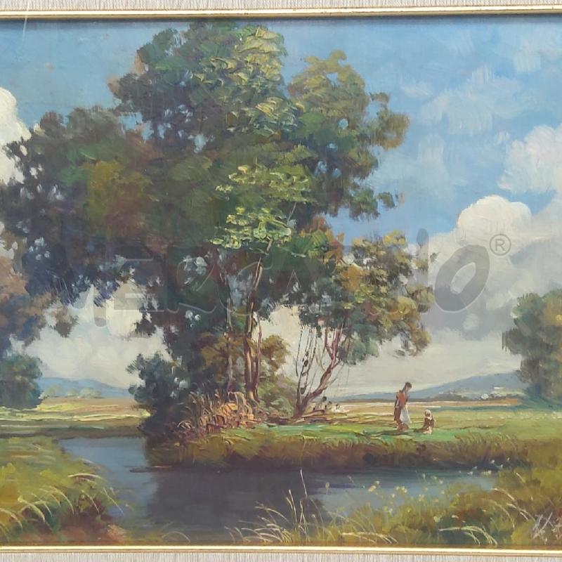 QUADRO STAGNO ALBERO E 2 PERSONE CORNICE DORATA | Mercatino dell'Usato San maurizio canavese 2