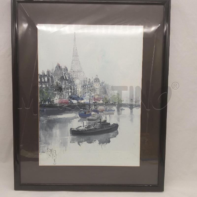 QUADRO TEMPERA BARCHE SU SENNA SFONDO TORRE EIFFEL | Mercatino dell'Usato San maurizio canavese 1
