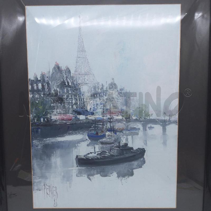 QUADRO TEMPERA BARCHE SU SENNA SFONDO TORRE EIFFEL | Mercatino dell'Usato San maurizio canavese 2