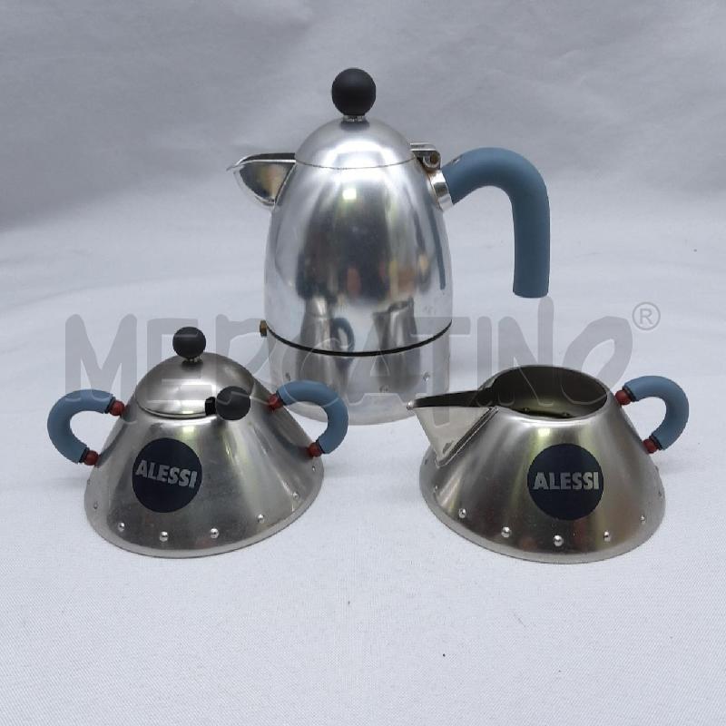 SET ALESSI PZ 3 CAFFETTIERA + ZUCCHERIERA + LATTIERA MANICO AZZURO | Mercatino dell'Usato San maurizio canavese 1