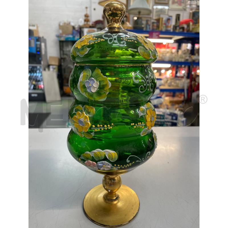CACHEPOT VETRO VERDE BORDO ORO FIORI GIALLI | Mercatino dell'Usato Chivasso 1