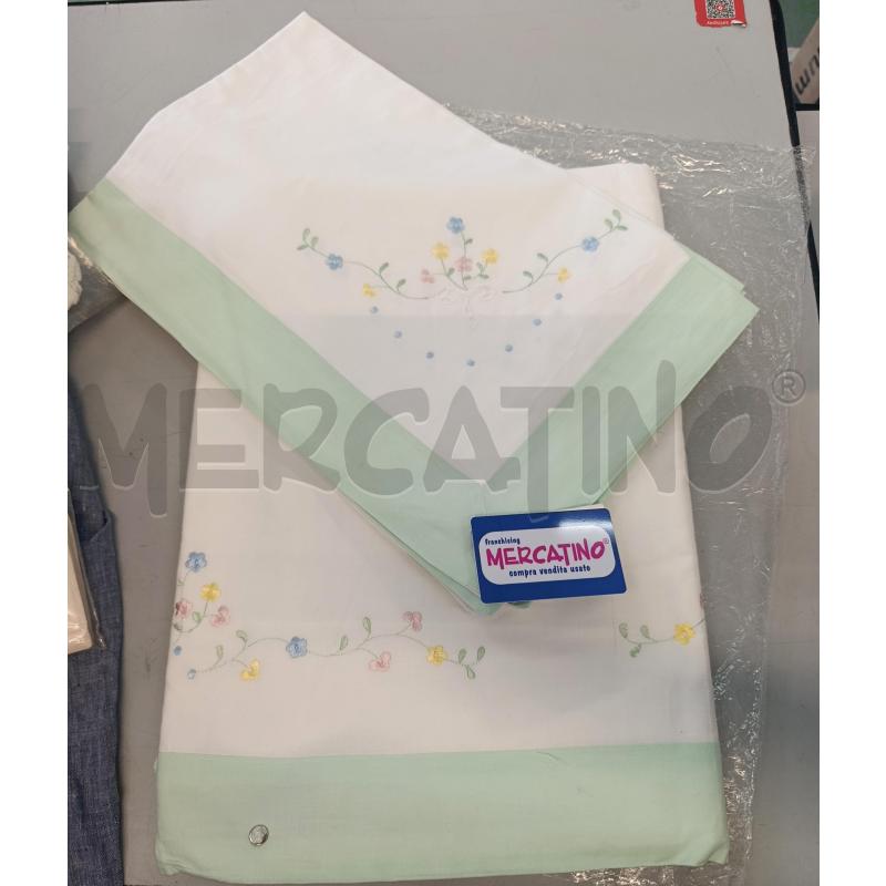 LENZUOLO MATRIMONIALE BIANCO BORDO VERDE ACQUA CON FIORELLINI+2FEDERE | Mercatino dell'Usato Chivasso 1