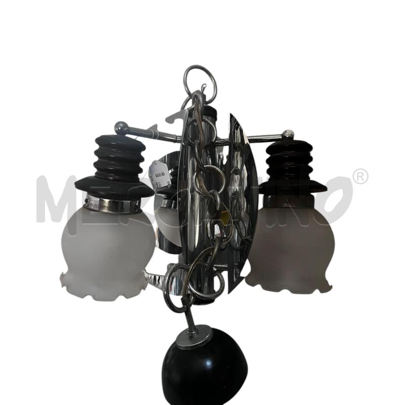 LAMPADARIO ANNI '70 CERCHI ACCIAIO 3 LUCI LEGNO | Mercatino dell'Usato Osasco 1