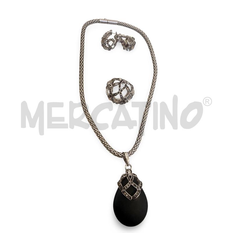 PARURE PIERLANG CIONDOLO OPALINA NERA + ANELLO E ORECCHINI RETE | Mercatino dell'Usato Osasco 1