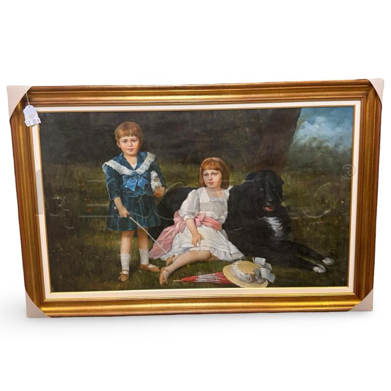 QUADRO OLIO SI TELA BAMBINI E CANE ANNI 60 | Mercatino dell'Usato Osasco 1