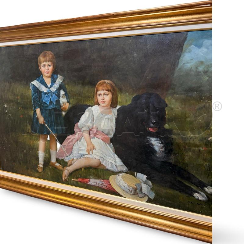 QUADRO OLIO SI TELA BAMBINI E CANE ANNI 60 | Mercatino dell'Usato Osasco 2