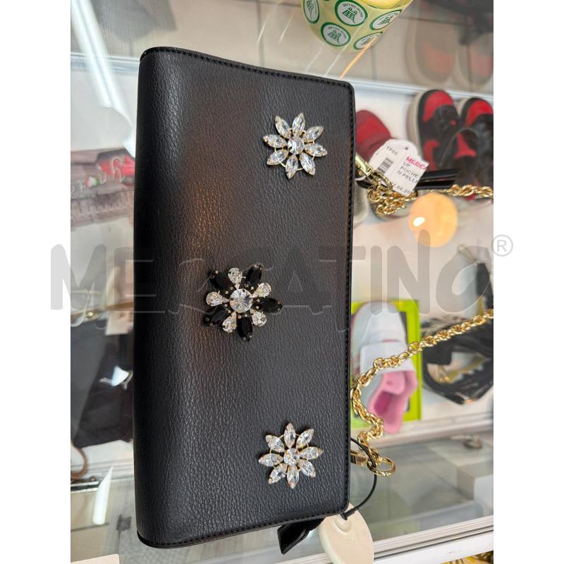 POCHETTE TOSCA NERA IN PELLE CON FIORI STRASS  | Mercatino dell'Usato Trapani via libica 1