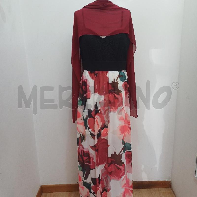 ABITO DONNA LUNGO ELEGANTE+STOLA MAIDOMA NERO GONNA PANNA FIORI ROSSI | Mercatino dell'Usato Alcamo 1