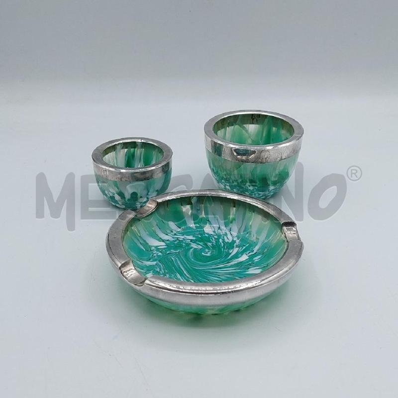 SET DA FUMO 3PZ VETRO VERDE E BORDO ARGENTATO | Mercatino dell'Usato Alcamo 1