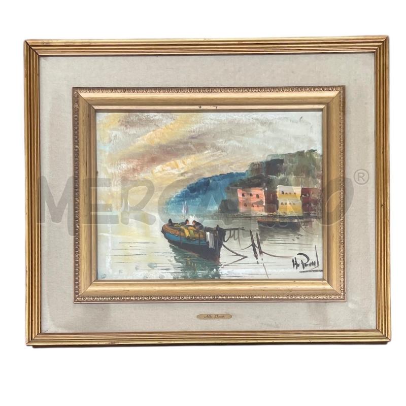 QUADRO LAGO CON BARCA BLU CASE SULLO SFONDO ALDO PIRONTI 62X52 CM | Mercatino dell'Usato Gallarate 1