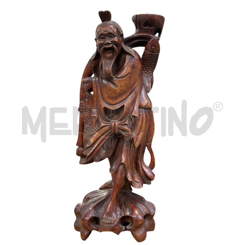 SCULTURA LEGNO ANZIANO PESCATORE CINESE | Mercatino dell'Usato Gallarate 1