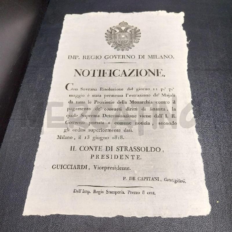 IMPERIALE REGIO GOVERNO DI MILANO 13 GIUGNO 1818 | Mercatino dell'Usato Gazzada schianno 1