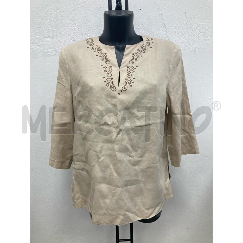 MAGLIA DONNA LINO BEIGE COLLO RICAMO MARRONE COLORI DEL SOLE  | Mercatino dell'Usato Gazzada schianno 1