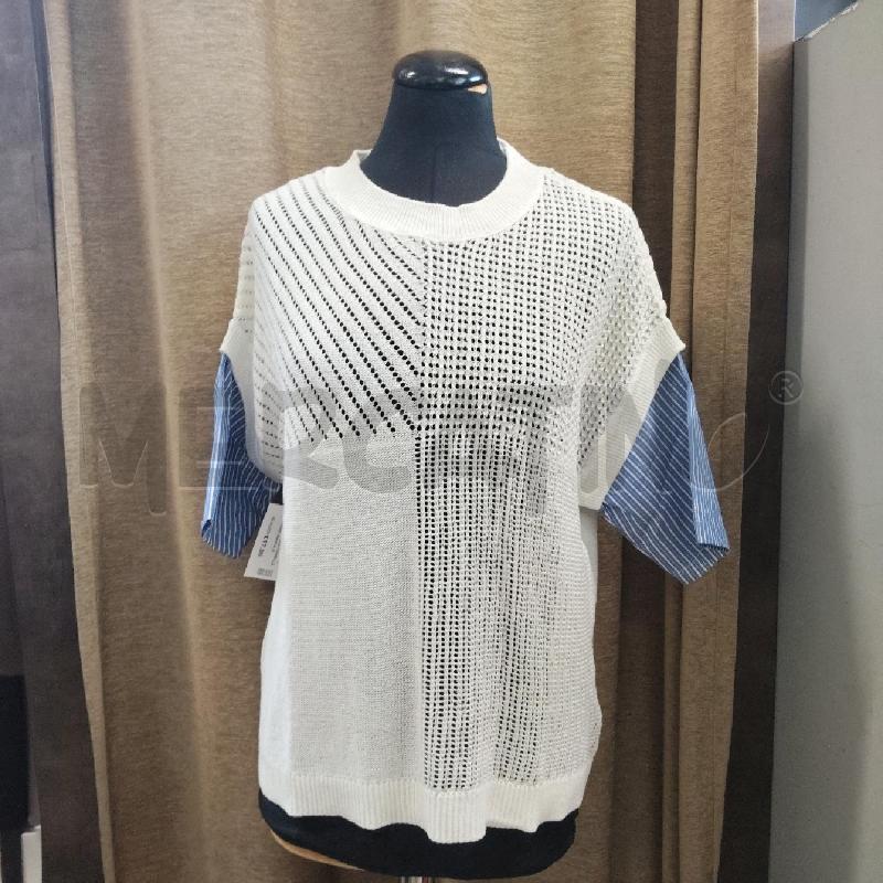 MAGLIA DONNA FIORELLA RUBINO BIANCA MANICHE AZZURRE | Mercatino dell'Usato Domodossola 1