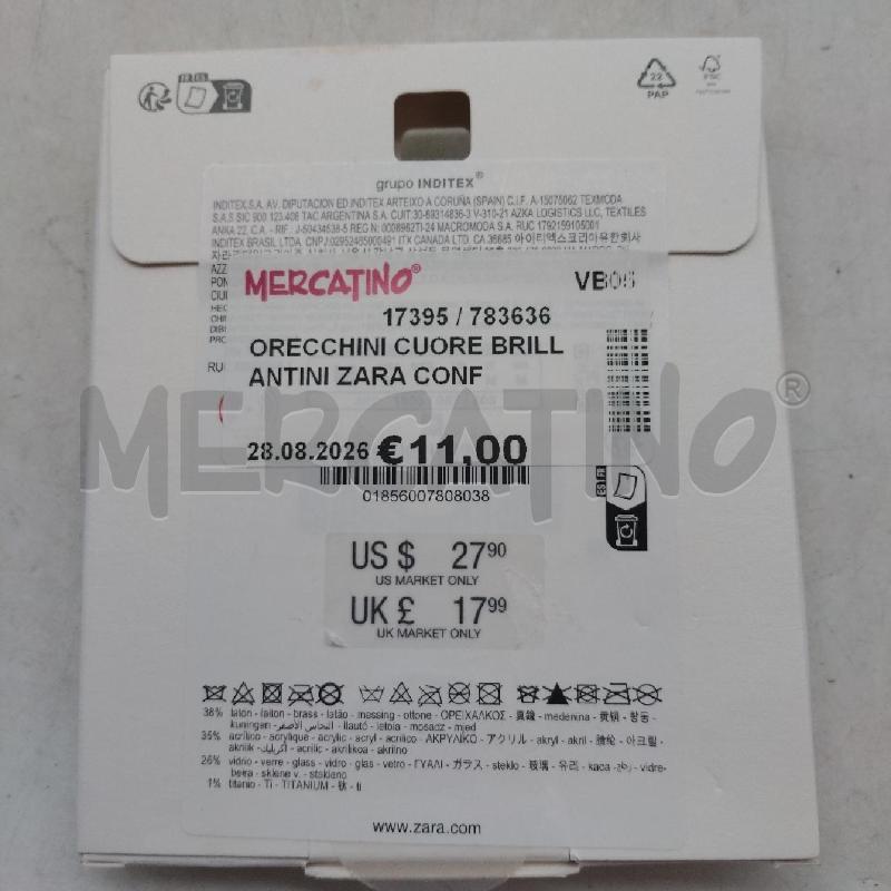 ORECCHINI CUORE BRILLANTINI ZARA CONFEZIONE | Mercatino dell'Usato Domodossola 2