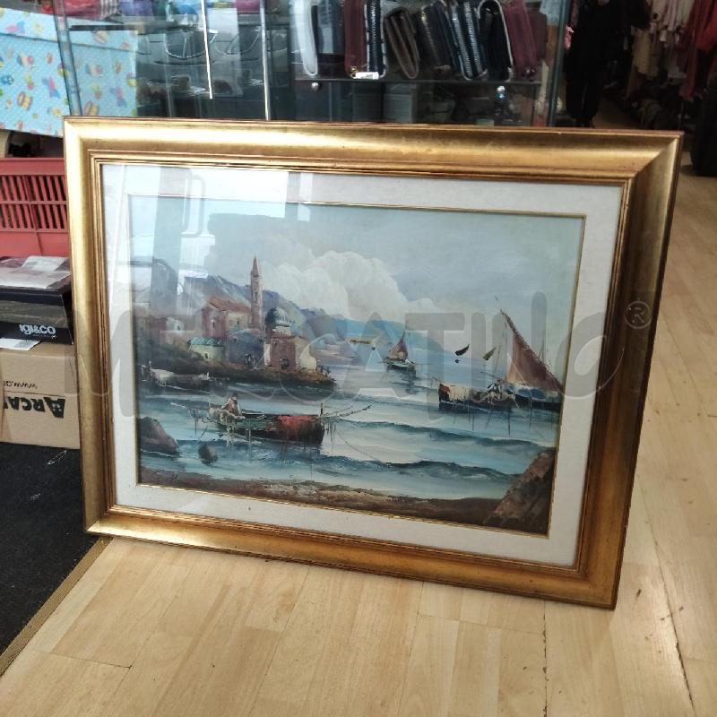 QUADRO DIPINTO BARCHE SU LAGO CASE MONSUNO CORNICE DORATA | Mercatino dell'Usato Domodossola 1