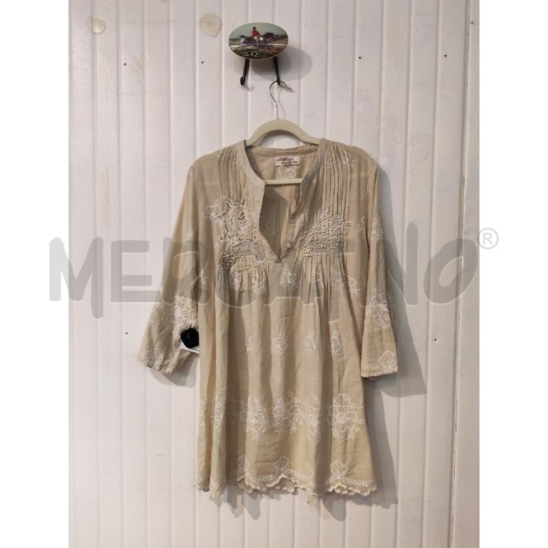 BLUSA DONNA ANTICA SARTORIA BEIGE RICAMI BAINCHI PERLINE BIANCHE | Mercatino dell'Usato Mestre 1